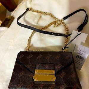 Nicole Miller Dark Brown Leather Crossbody Bag Gold Chain Strap 8x4.5x3.5